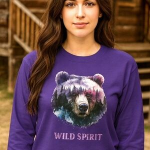 Wild Spirit Bear Forest Long Sleeve Shirt • Purple Nature Graphic Tee • Outdoors